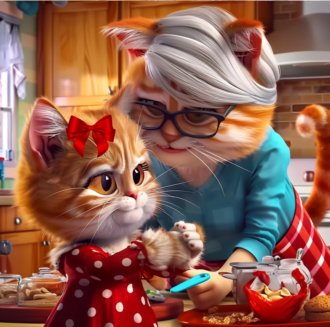 Anthropomorphic kitten baking cookies with her anthropomorphic grandmother cat