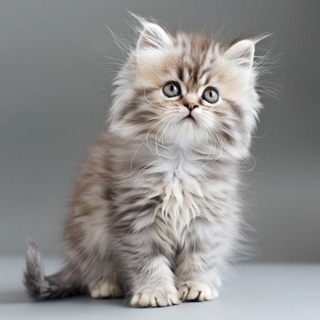 A cute Persian kitten sitting against a neutral background.