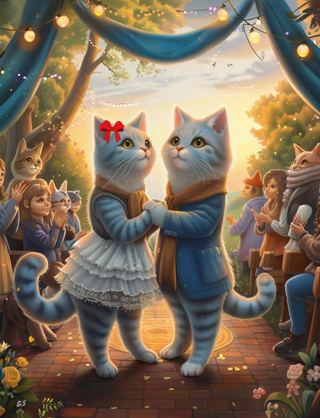 Anthropomorphic cats sharing their wedding vows