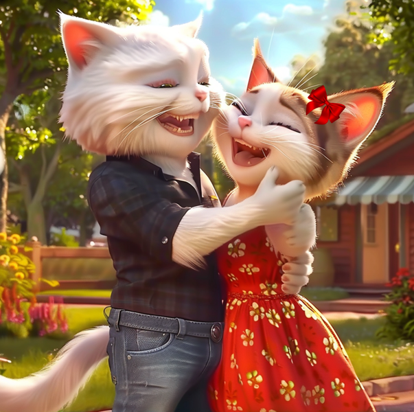 A happy anthropomorphic couple laughing and hugging each other